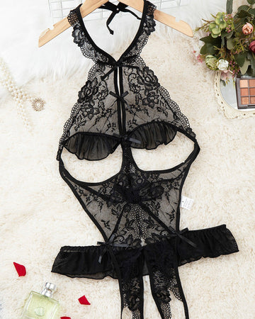 Women's Sxy Hollow Backless Transparent Floral Lace Open Crotch Design Bodysuit